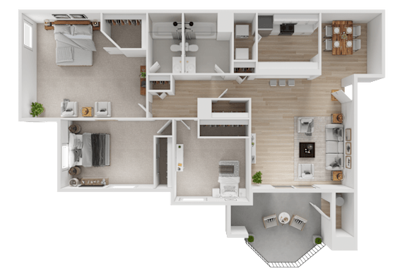 A top-down view of a house layout with a kitchen, living room, and bedrooms.