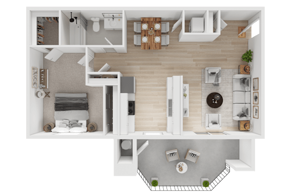 A top-down view of a modern apartment layout with a kitchen, living room, and bedrooms.