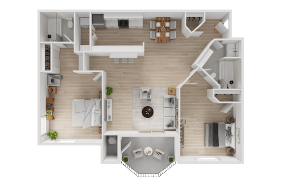 A detailed 3D floor plan of a modern apartment.