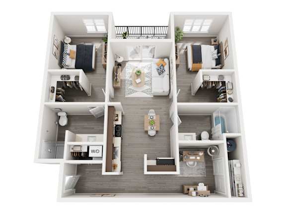 A top down view of a small apartment with a kitchen, living room, and two bedrooms.