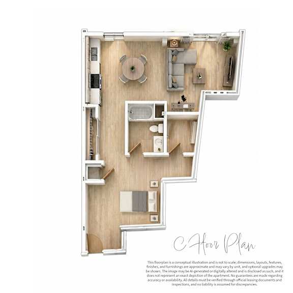 A floor plan of a small apartment with a kitchen, living room, and bathroom.