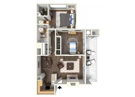 Floor Plan  A top-down view of a small apartment with a kitchen, living room, and bathroom.