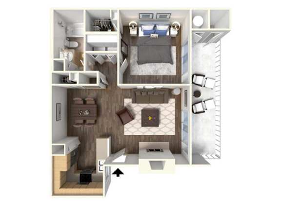 Floor Plan  A top down view of a small apartment with a bed, desk, and cupboard.