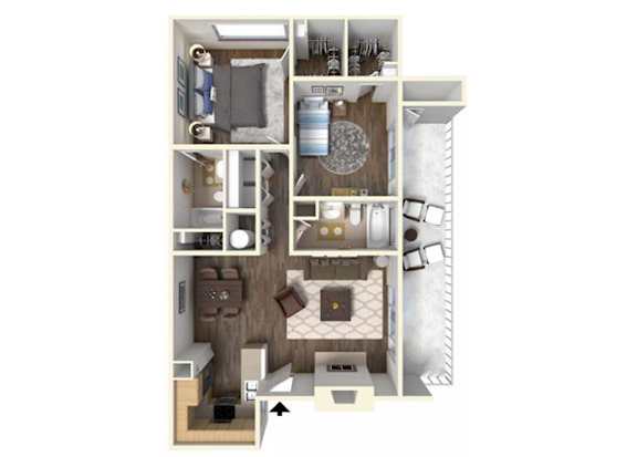 Floor Plan  A top down view of a small apartment with a kitchen, living room, and bathroom.