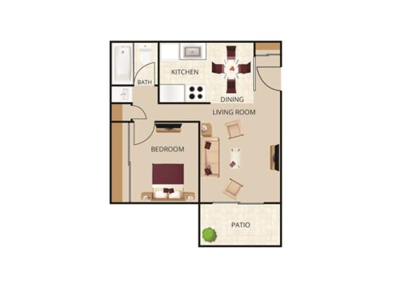 2D, overhead illustration of 1-Bedroom floor plan showing living room, bedroom, kitchen/dining, bath and patio