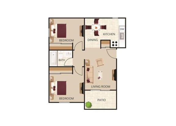 2D, overhead illustration of studio floor plan showing living room, bedroom, kitchen/dining, bath and patio
