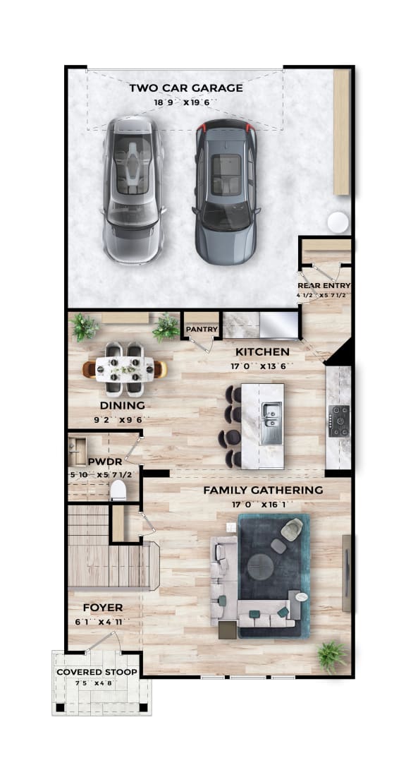 a floor plan of two car garage with kitchen and living room