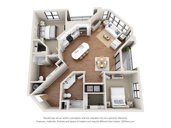 A 3D floor plan of a house with a kitchen, living room, dining room, and two bedrooms.