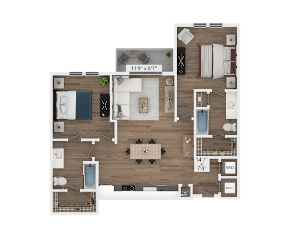 A floor plan of a house with a living room, dining room, kitchen, and bathrooms.