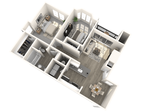 A 3D floor plan of a house with a kitchen, living room, and two bedrooms.