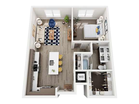 A top down view of a small apartment with a kitchen, living room, and bathroom.