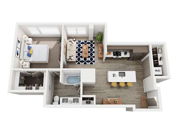 A top down view of a small apartment with a bedroom, living room, kitchen, and bathroom.