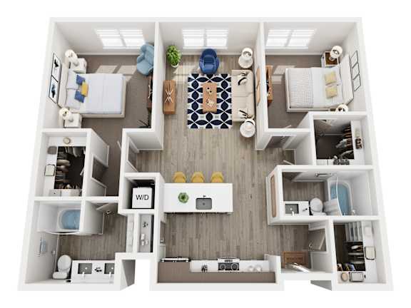 A top-down view of a small apartment with a kitchen, living room, and bathroom.