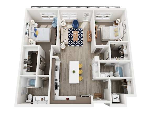 A top-down view of a small, neatly organized apartment.