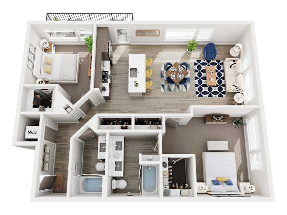 A top-down view of a well-organized apartment layout.