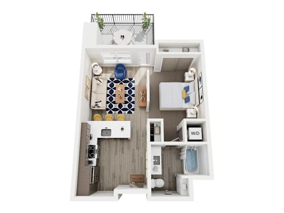 A top-down view of a small, neatly organized apartment with a kitchen, living room, and bathroom.