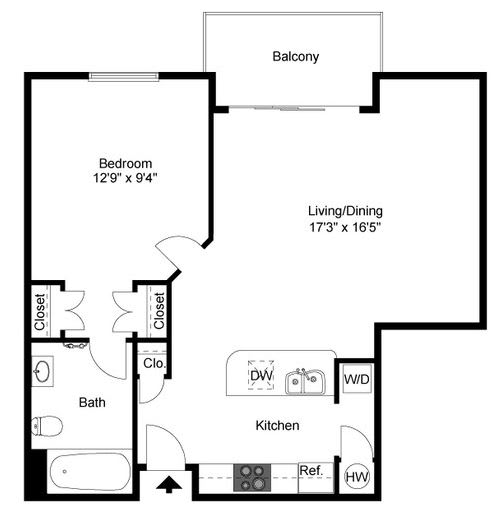 A black and white image of a floor plan for a home with a balcony, bedroom, living/dining area, bathroom, kitchen, and closet.