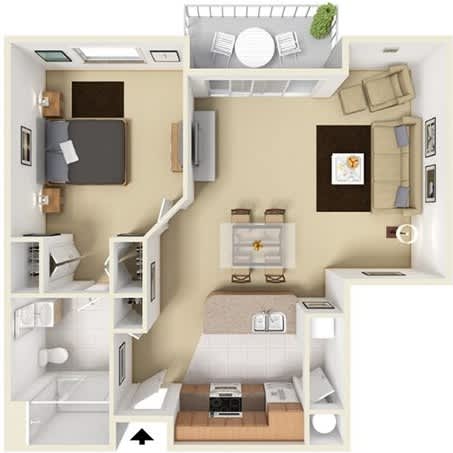 A diagram of a small apartment with a bedroom, living room, and kitchen.