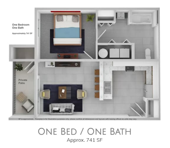 A floor plan of a one bedroom, one bath apartment.