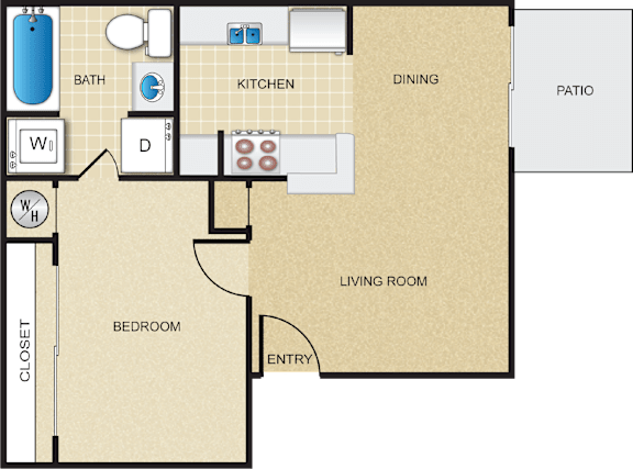 A floor plan of a house with a living room, dining area, kitchen, bathroom, bedroom, and closet.