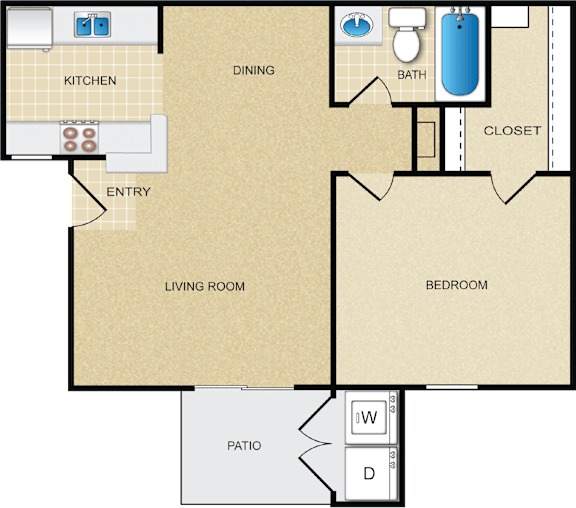 A floor plan of a house with a kitchen, dining room, living room, bedroom, bathroom, and patio.