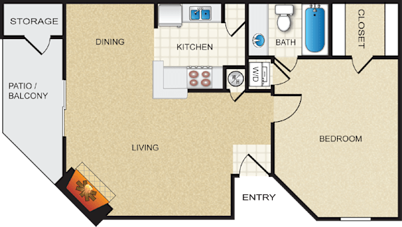 A floor plan of a house with a living room, dining room, kitchen, bathroom, and bedroom.