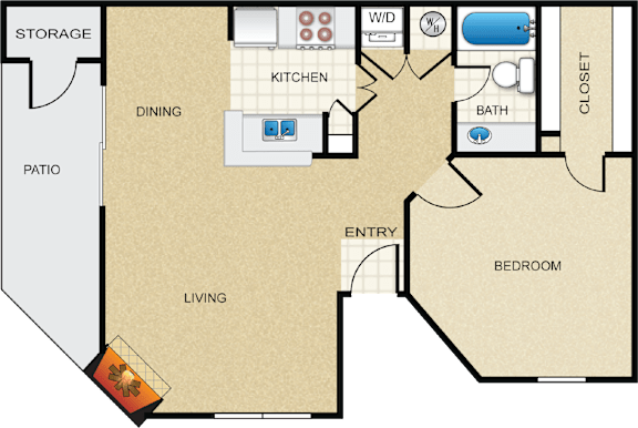 A floor plan of a house with a living room, dining room, kitchen, bathroom, closet, and bedroom.