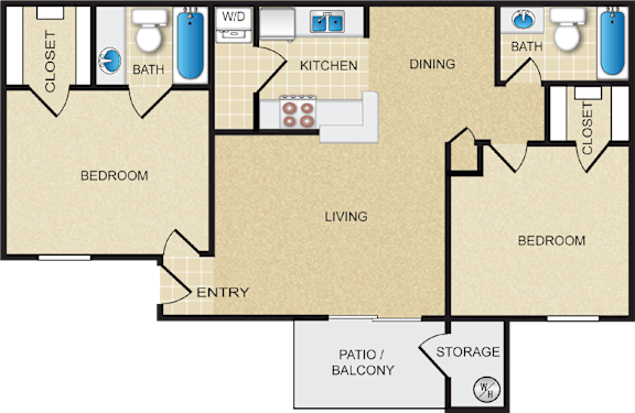 A floor plan of a house with two bedrooms, a living room, a kitchen, a dining room, a closet, a bathroom, a storage area, and a patio/balcony.