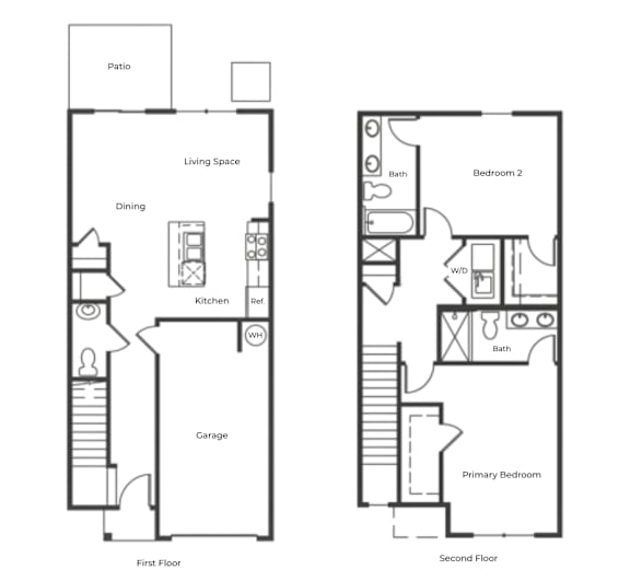 A floor plan of a two-story home with labeled rooms.