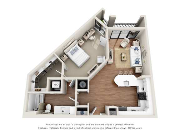 A 3D floor plan of a small apartment with a kitchen, living room, and bedroom.