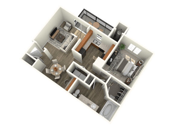 Floor Plan  A 3D floor plan of a house showing a kitchen, living room, dining room, and bathrooms.