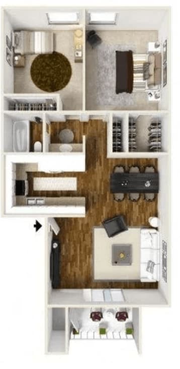 A floor plan of a two-story apartment with a living room, kitchen, and bedrooms.
