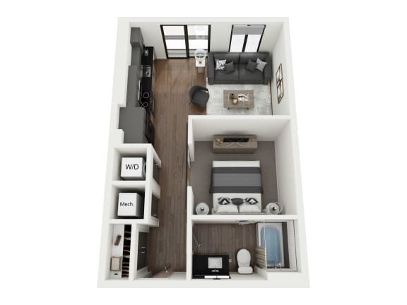 a stylized floor plan with a bedroom and a living room