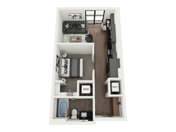 a stylized floor plan with a bedroom and a living room