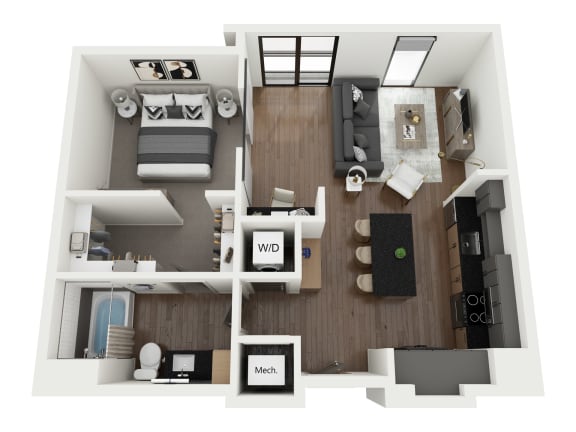 the 1190 sq ft studio floor plan with bedroom and living room