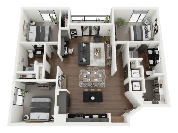 an overhead view of a 2 bedroom floor plan of a house