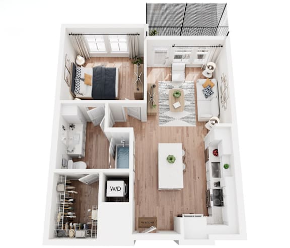 A top down view of a small apartment with a kitchen, living room, and bathroom.