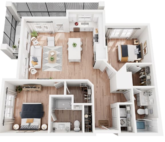 A top-down view of a modern, well-organized apartment with a kitchen, living room, and bedroom.