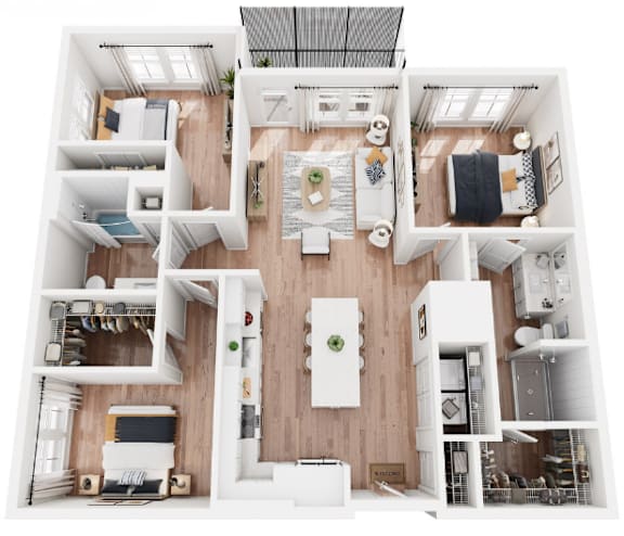 A top-down view of a modern, minimalist apartment with a central kitchen island and a living area with a sofa and coffee table.