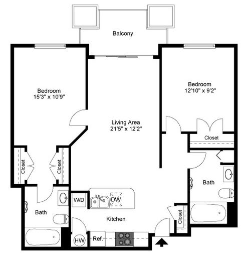A black and white image of a floor plan for a two bedroom apartment.