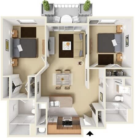 A floor plan of a small apartment with a kitchen, living room, and two bedrooms.