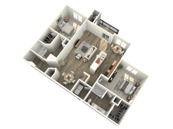 Floor Plan  A 3D floor plan of a house with multiple rooms and furniture.