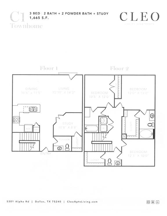 A floor plan for a 3 bedroom, 2 bathroom home with a study.