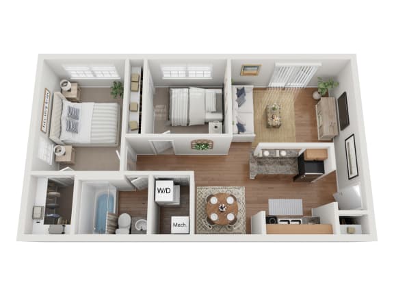 Floor Plan  2 bedroom floorplan with wood like flooring, large closet, and washer/dryer in unit