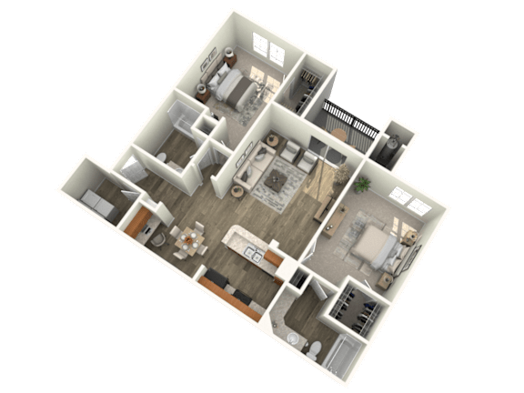 A 3D floor plan of a house with a kitchen, living room, and bedrooms.