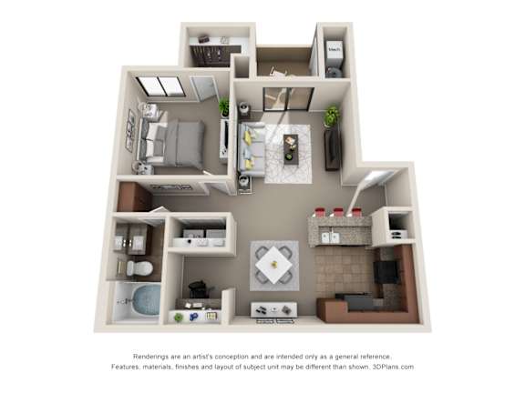 A 3D floor plan of a house with multiple rooms and furniture.