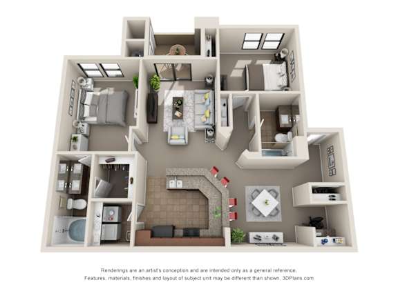 A 3D floor plan of a house with a kitchen, living room, and bedrooms.