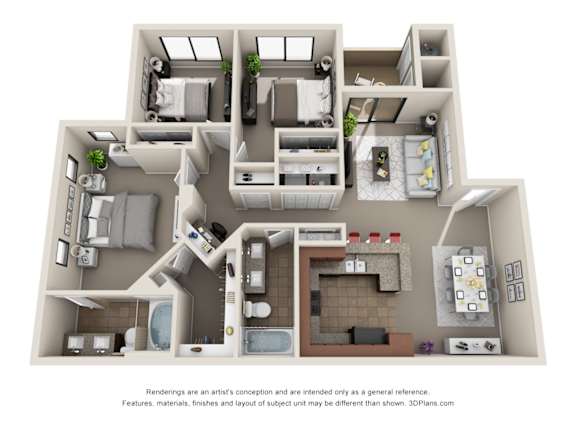 A 3D floor plan of a house with multiple rooms and furniture.