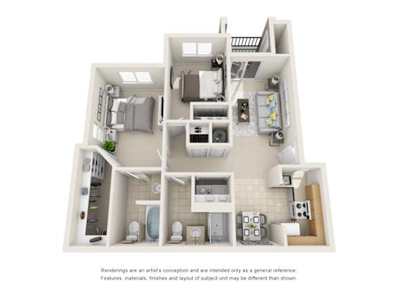 A 3D rendered image of a house layout.