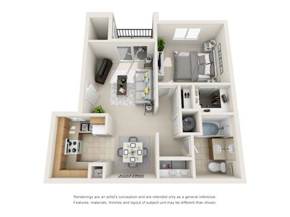 A 3D floor plan of a small apartment with a kitchen, living room, and bathroom.